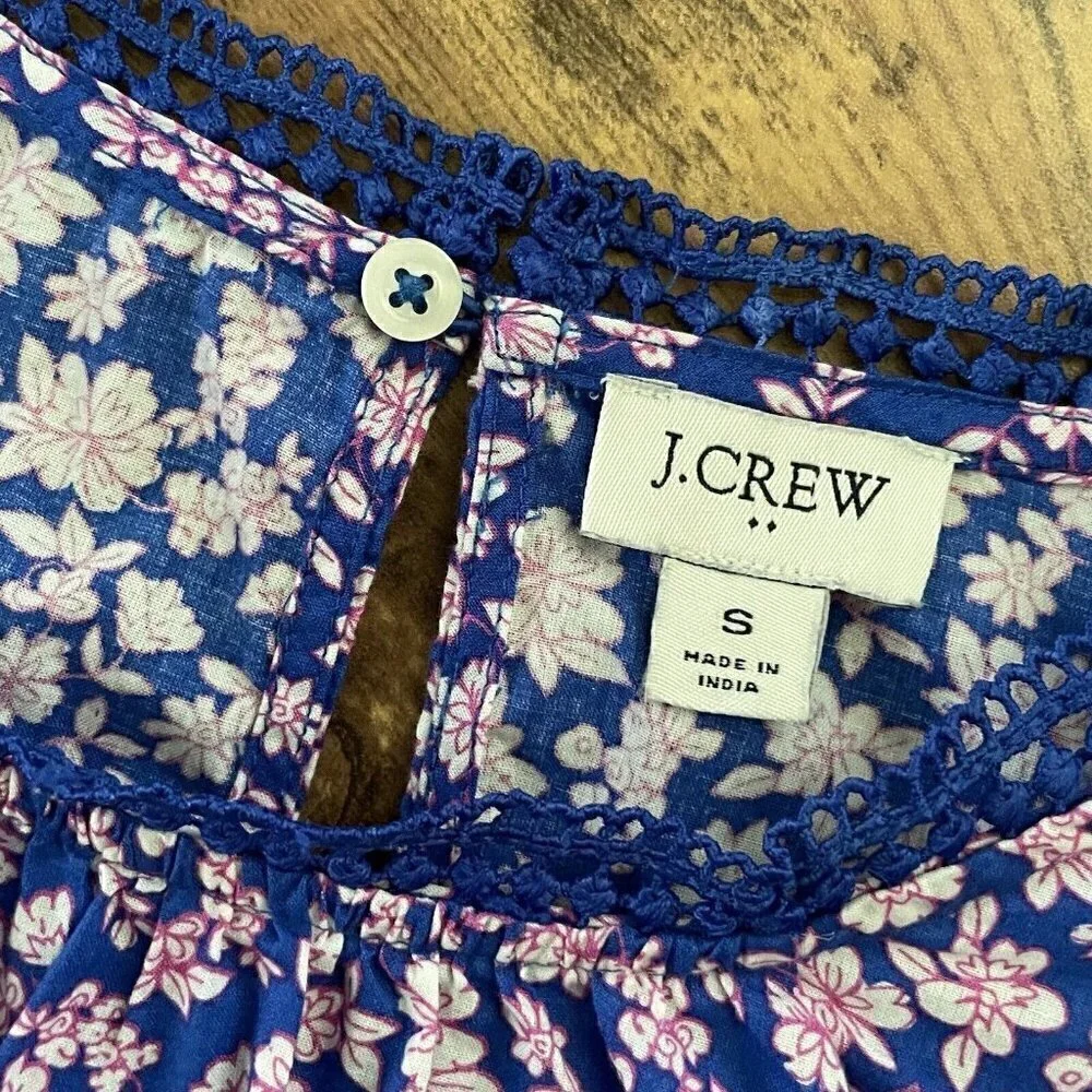 J Crew Womens Ruffle Shoulder Top S Blue Pink Floral Cotton Cottagecore Blouse